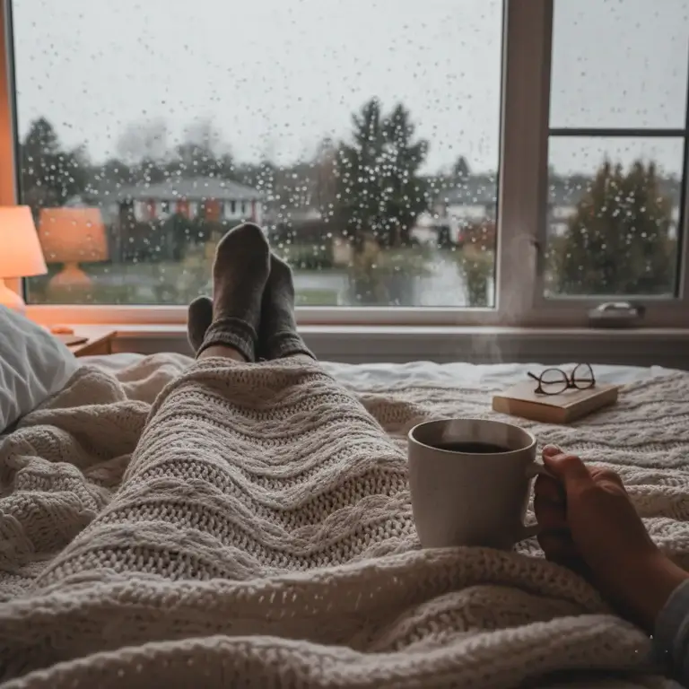 Person looking sleepy by a rain-streaked window on a grey morning