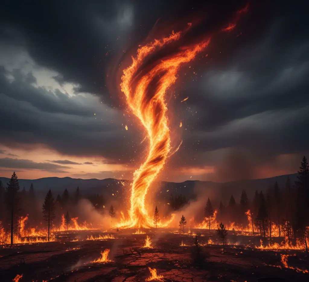 Fire whirl rising from an intense wildfire