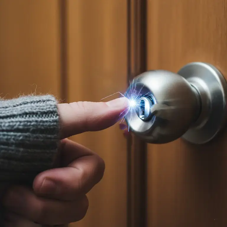 Static electricity spark jumping from a finger to a metal doorknob in winter